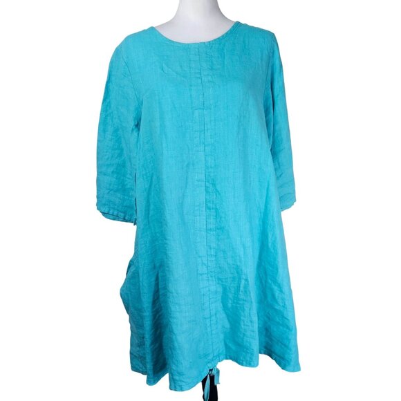Bryn Walker Turquoise Linen Tunic Dress Sz M Pocket Scandi Lagenlook Oversized - Picture 1 of 14